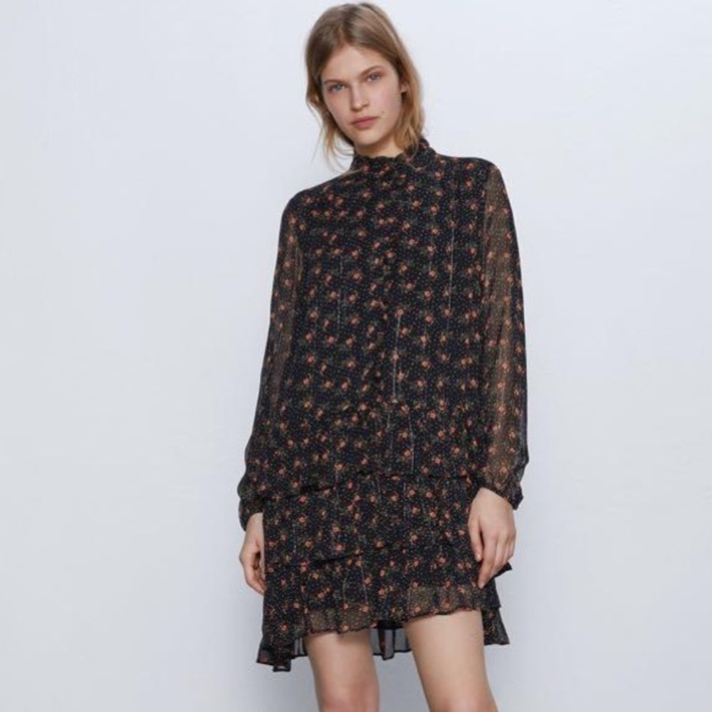 NWT Zara Mini Black semi Sheer Floral Tunic Dress or Shirt - Xs